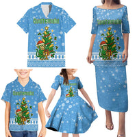 Guatemala Christmas Family Matching Puletasi and Hawaiian Shirt with Blue Christmas Monkey Tree Snowman and Snowflake - Wonder Print Shop