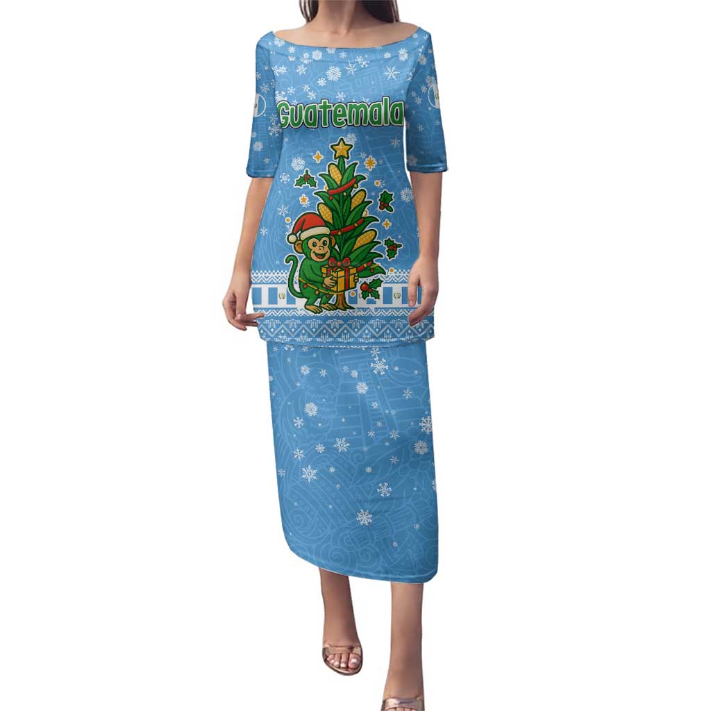Guatemala Christmas Family Matching Puletasi and Hawaiian Shirt with Blue Christmas Monkey Tree Snowman and Snowflake - Wonder Print Shop