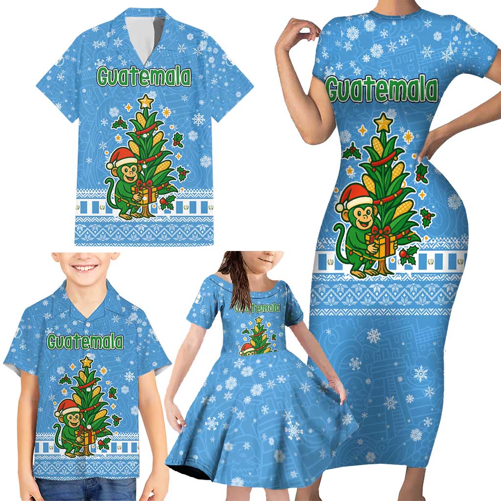 Guatemala Christmas Family Matching Short Sleeve Bodycon Dress and Hawaiian Shirt with Blue Christmas Monkey Tree Snowman and Snowflake - Wonder Print Shop