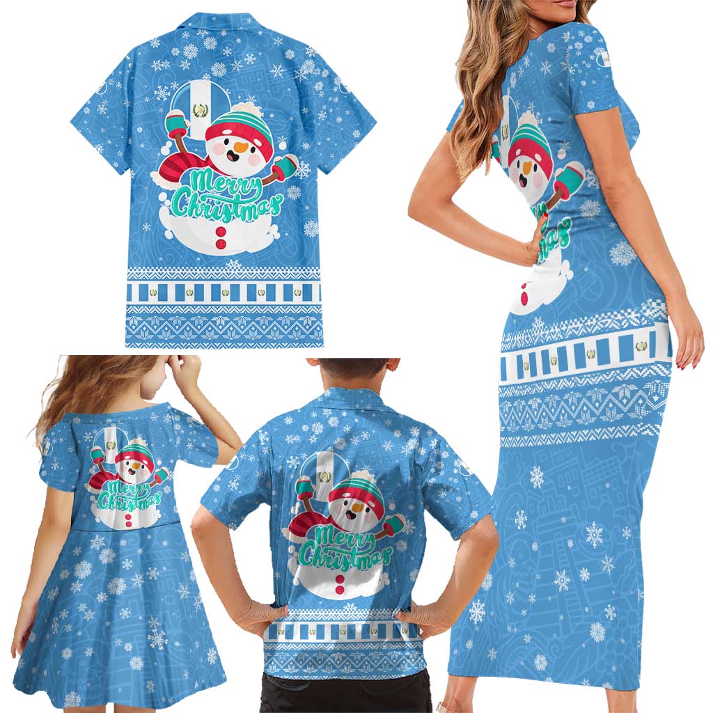 Guatemala Christmas Family Matching Short Sleeve Bodycon Dress and Hawaiian Shirt with Blue Christmas Monkey Tree Snowman and Snowflake - Wonder Print Shop