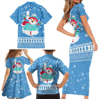 Guatemala Christmas Family Matching Short Sleeve Bodycon Dress and Hawaiian Shirt with Blue Christmas Monkey Tree Snowman and Snowflake - Wonder Print Shop