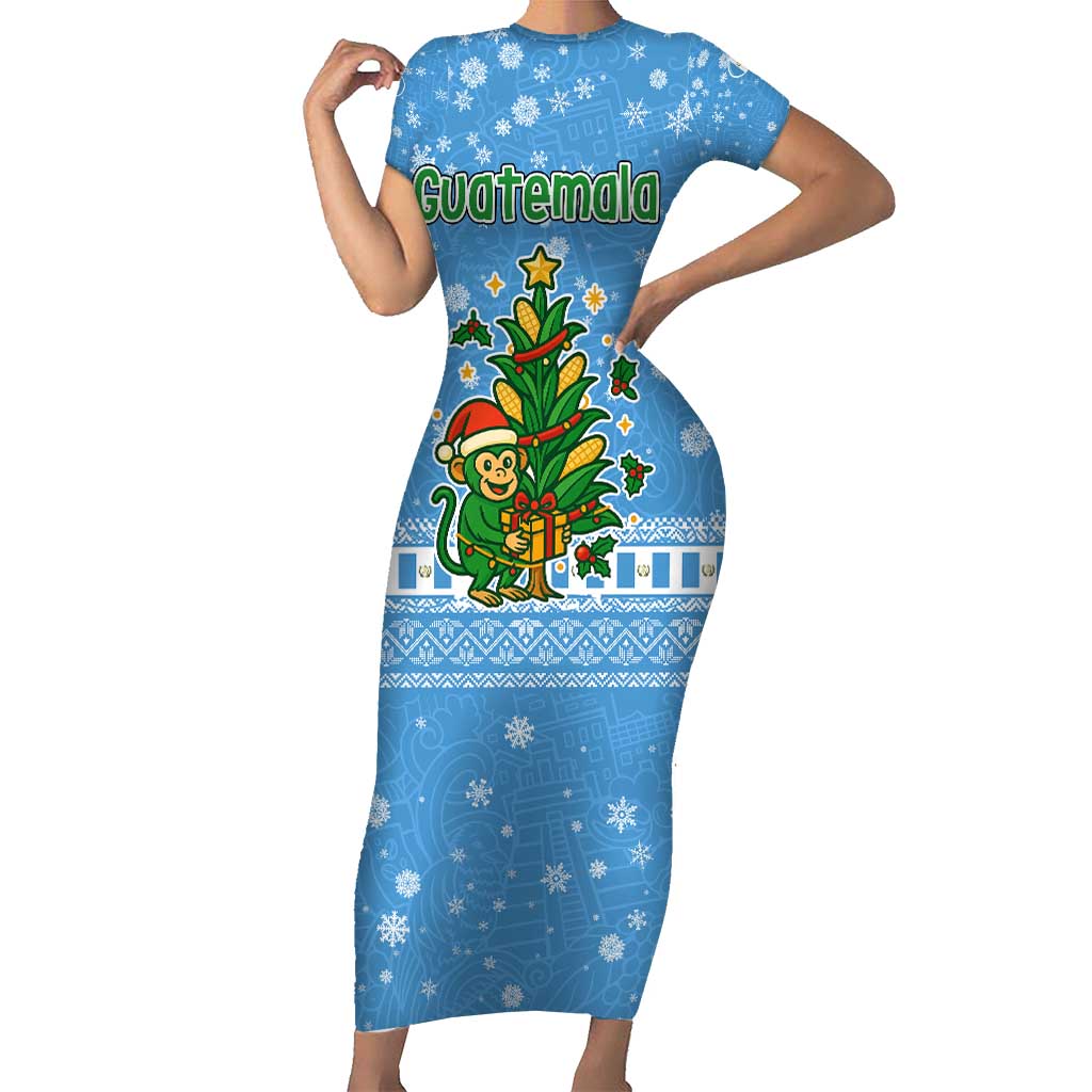 Guatemala Christmas Family Matching Short Sleeve Bodycon Dress and Hawaiian Shirt with Blue Christmas Monkey Tree Snowman and Snowflake - Wonder Print Shop