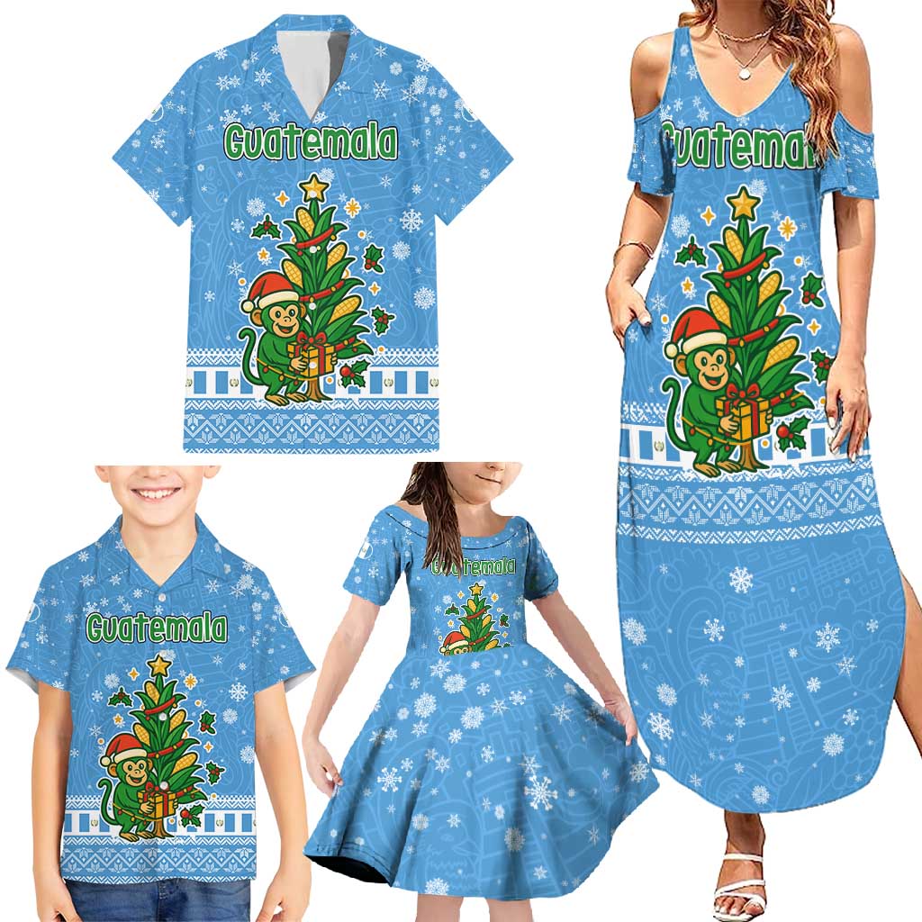 Guatemala Christmas Family Matching Summer Maxi Dress and Hawaiian Shirt with Blue Christmas Monkey Tree Snowman and Snowflake - Wonder Print Shop