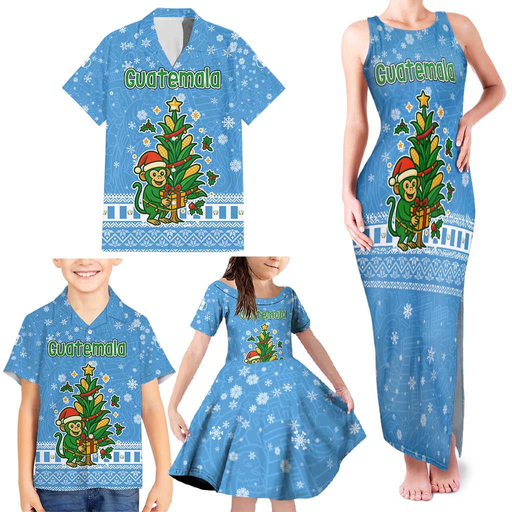 Guatemala Christmas Family Matching Tank Maxi Dress and Hawaiian Shirt with Blue Christmas Monkey Tree Snowman and Snowflake - Wonder Print Shop