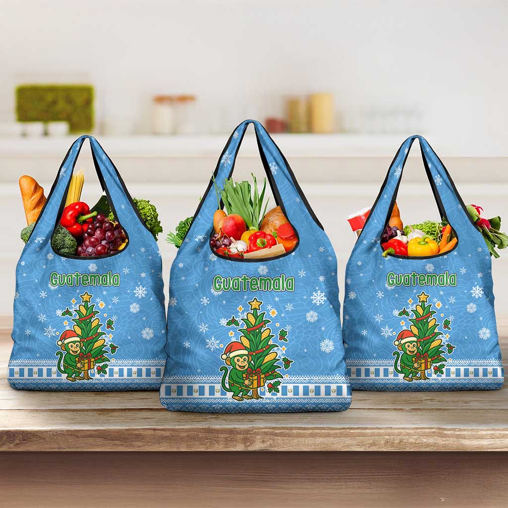 Guatemala Christmas Grocery Bag with Blue Christmas Monkey Tree Snowman and Snowflake - Wonder Print Shop