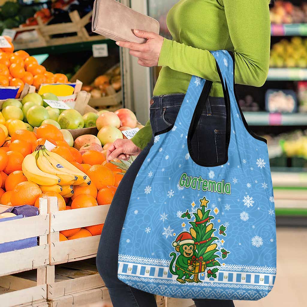 Guatemala Christmas Grocery Bag with Blue Christmas Monkey Tree Snowman and Snowflake - Wonder Print Shop