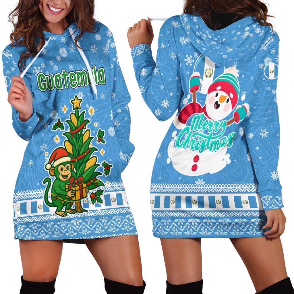 Guatemala Christmas Hoodie Dress with Blue Christmas Monkey Tree Snowman and Snowflake - Wonder Print Shop
