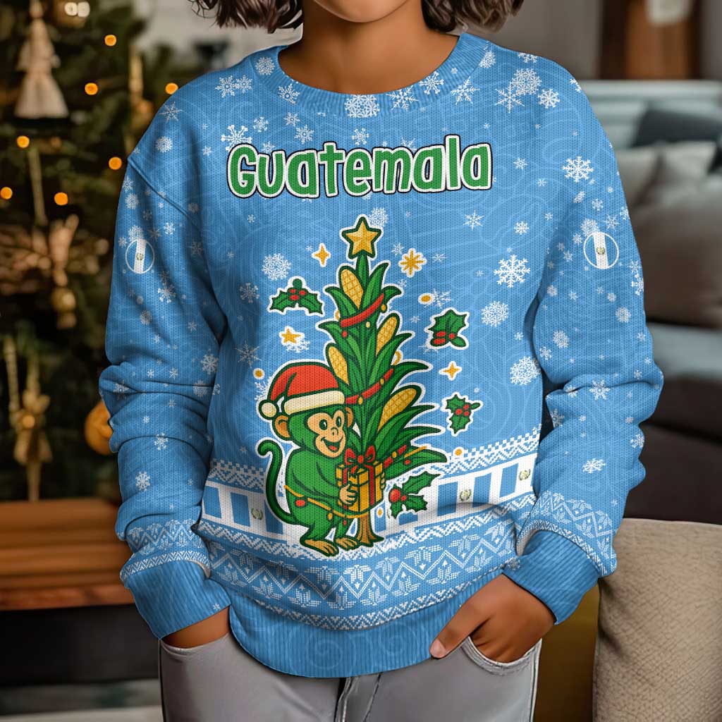 Guatemala Christmas Kid Ugly Christmas Sweater with Blue Christmas Monkey Tree Snowman and Snowflake - Wonder Print Shop