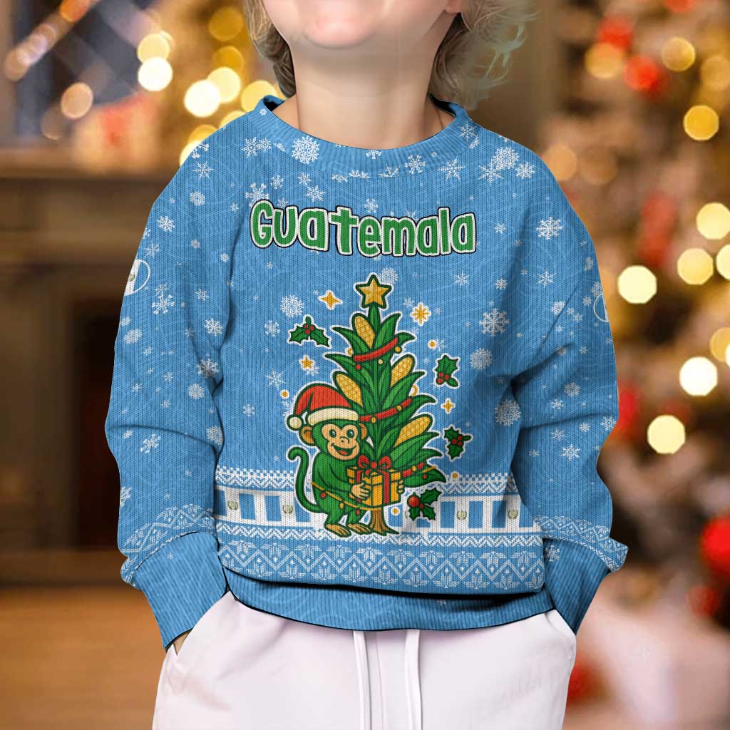 Guatemala Christmas Kid Ugly Christmas Sweater with Blue Christmas Monkey Tree Snowman and Snowflake - Wonder Print Shop