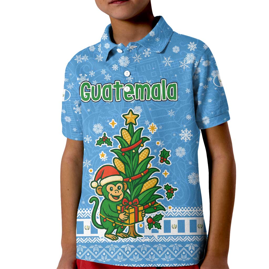 Guatemala Christmas Kid Polo Shirt with Blue Christmas Monkey Tree Snowman and Snowflake - Wonder Print Shop