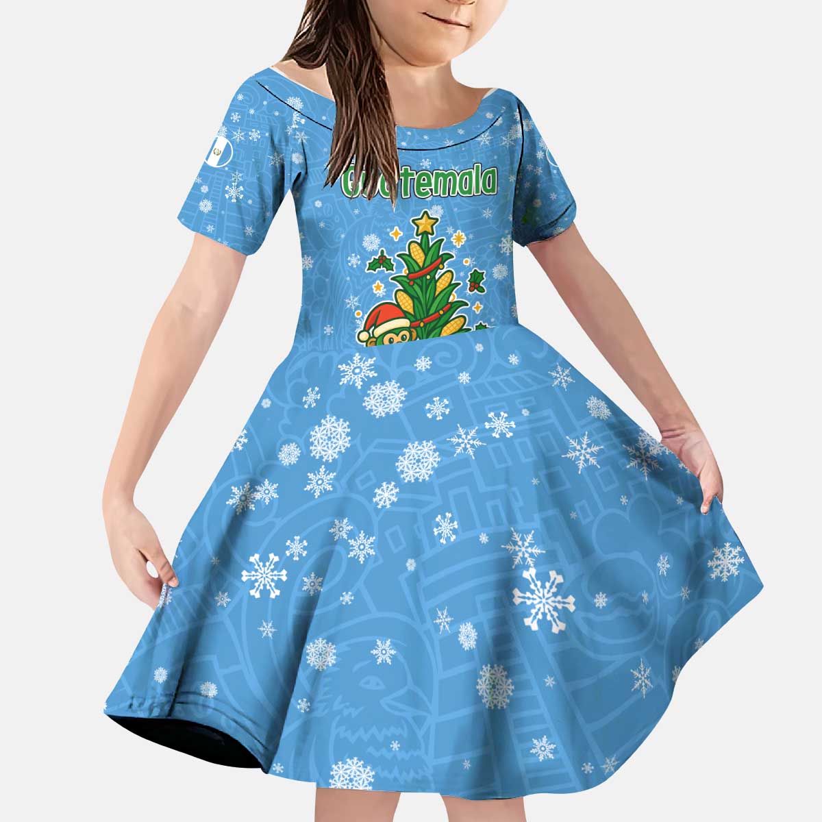 Guatemala Christmas Kid Short Sleeve Dress with Blue Christmas Monkey Tree Snowman and Snowflake - Wonder Print Shop