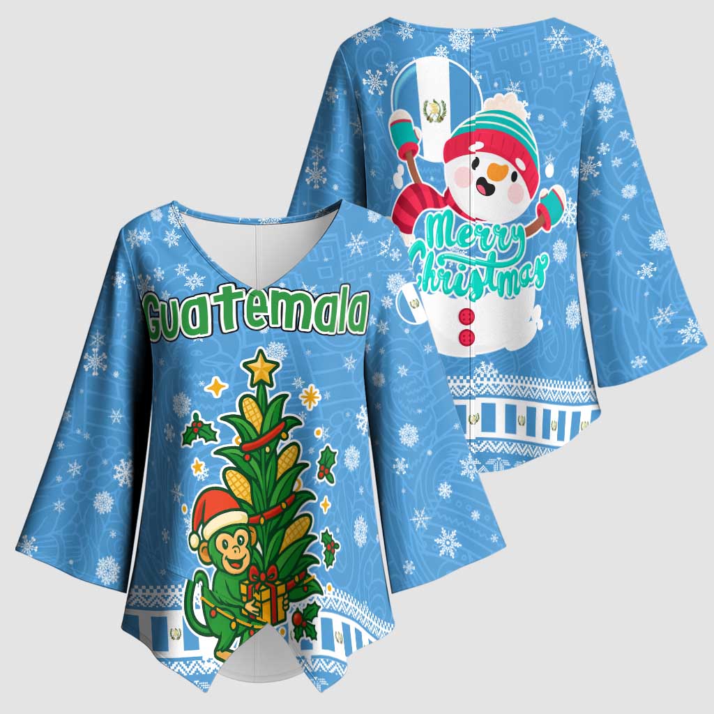 Guatemala Christmas Kimono Sleeve Blouse with Blue Christmas Monkey Tree Snowman and Snowflake - Wonder Print Shop