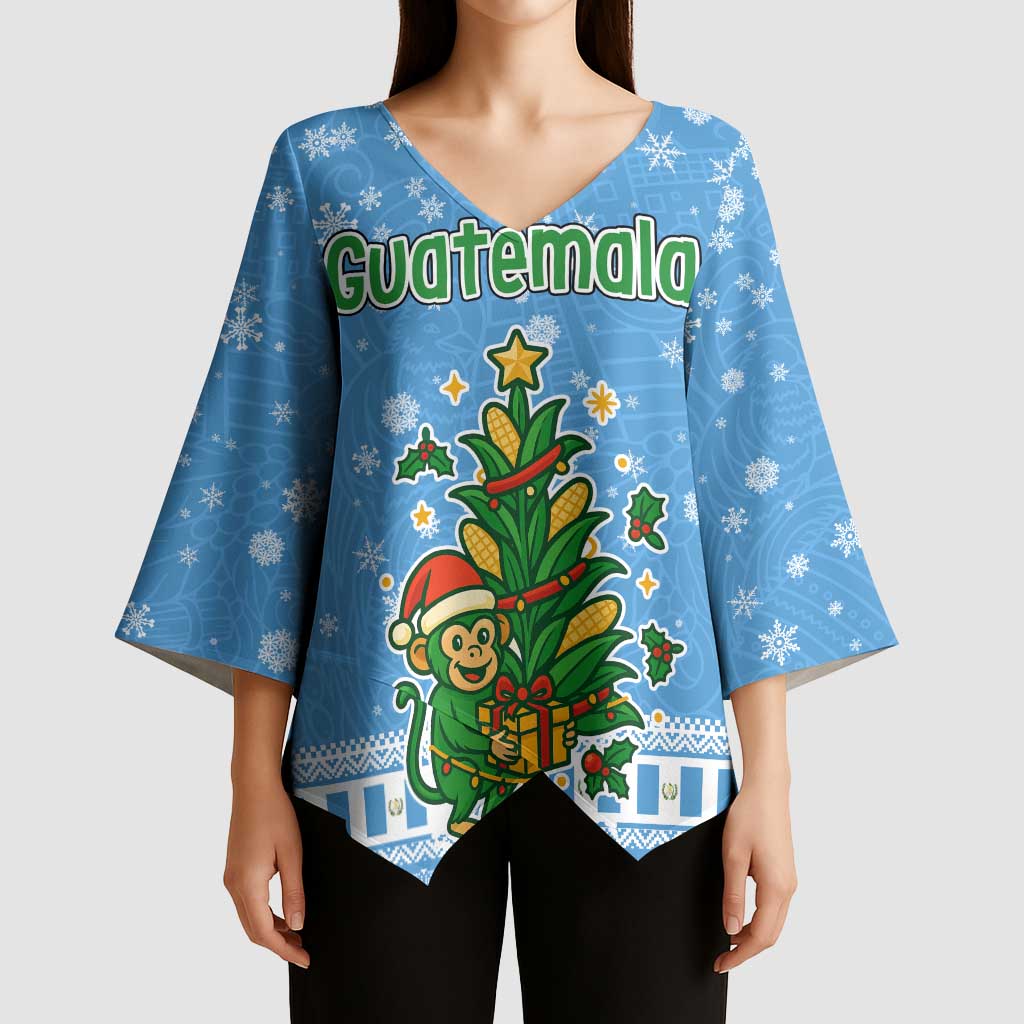 Guatemala Christmas Kimono Sleeve Blouse with Blue Christmas Monkey Tree Snowman and Snowflake - Wonder Print Shop