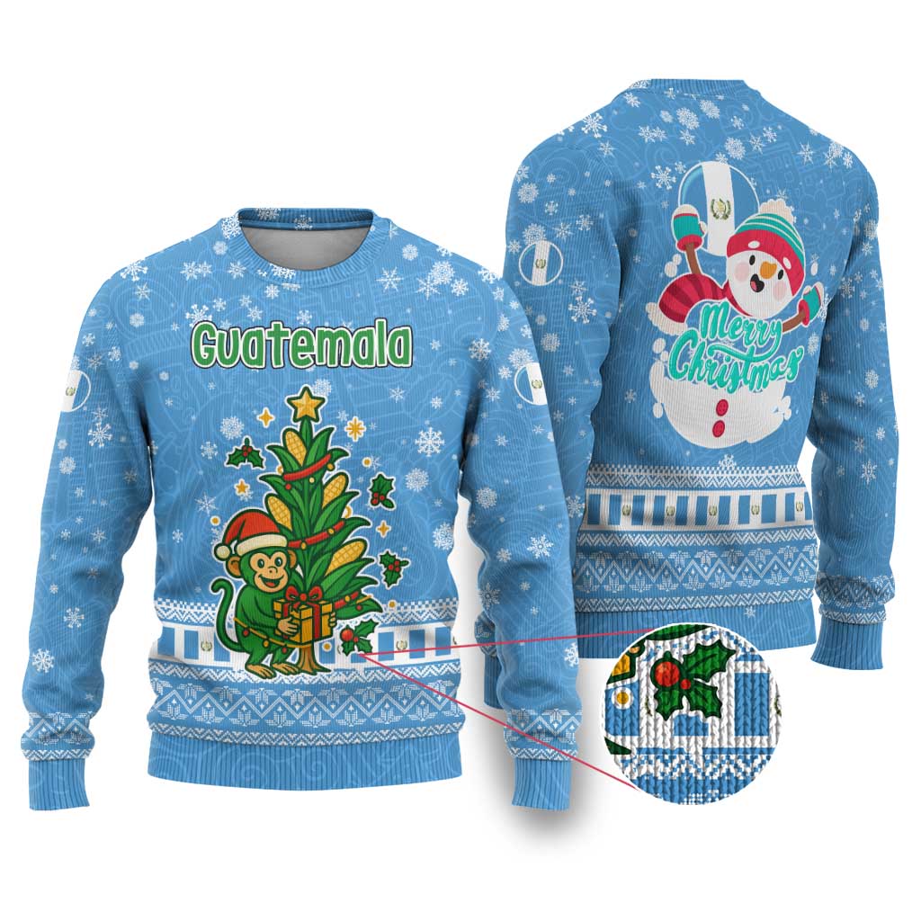 Guatemala Christmas Ugly Christmas Sweater with Blue Christmas Monkey Tree Snowman and Snowflake - Wonder Print Shop