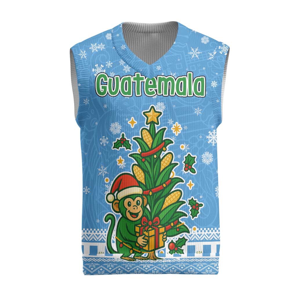 Guatemala Christmas Knitted V-Neck Vest with Blue Christmas Monkey Tree Snowman and Snowflake - Wonder Print Shop