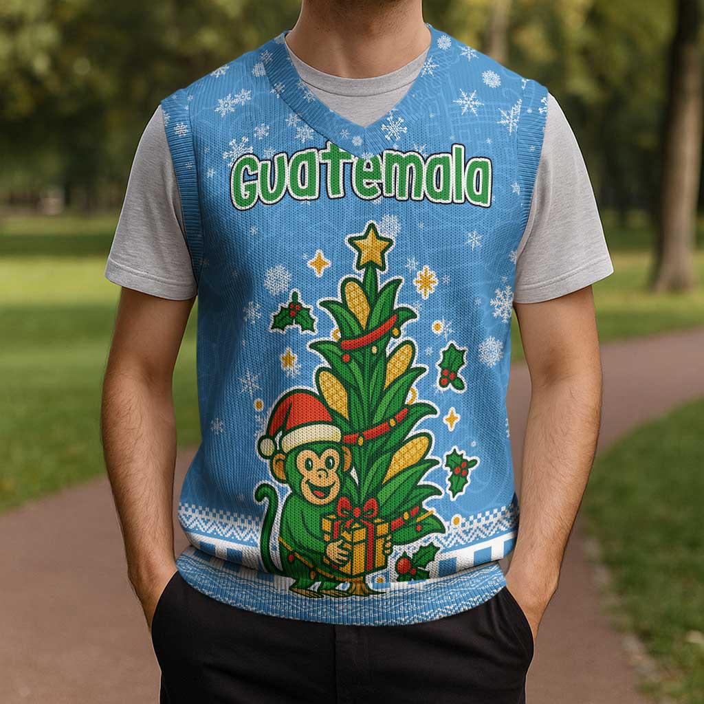 Guatemala Christmas Knitted V-Neck Vest with Blue Christmas Monkey Tree Snowman and Snowflake - Wonder Print Shop