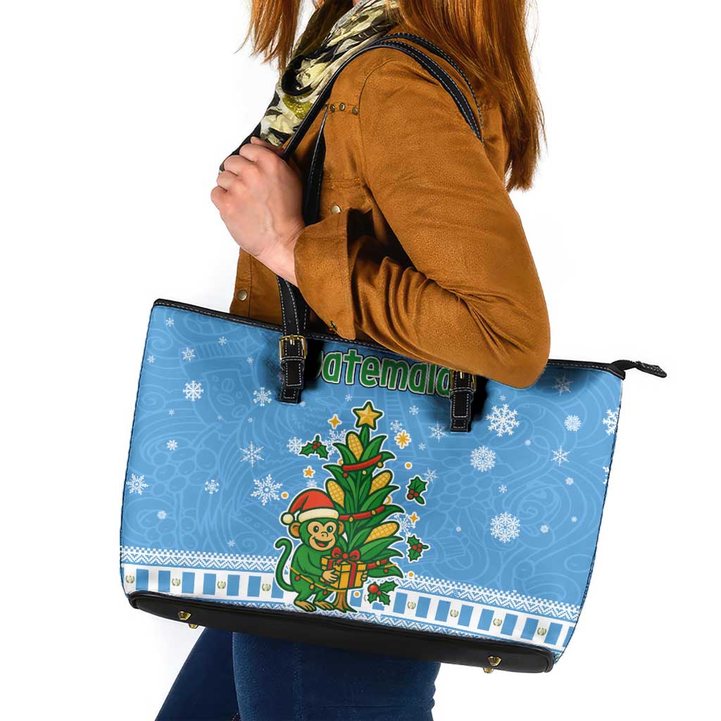 Guatemala Christmas Leather Tote Bag with Blue Christmas Monkey Tree Snowman and Snowflake - Wonder Print Shop