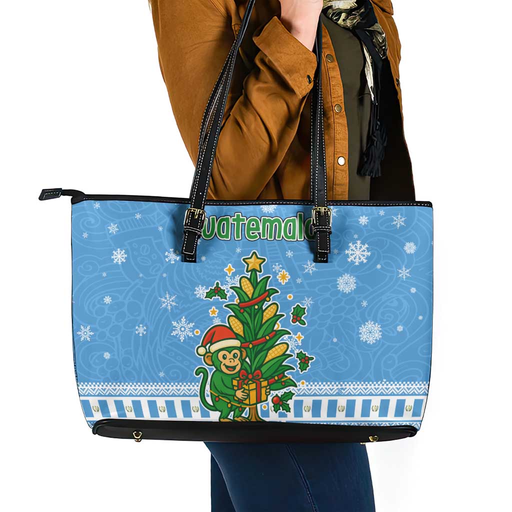 Guatemala Christmas Leather Tote Bag with Blue Christmas Monkey Tree Snowman and Snowflake - Wonder Print Shop