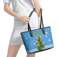 Guatemala Christmas Leather Tote Bag with Blue Christmas Monkey Tree Snowman and Snowflake - Wonder Print Shop