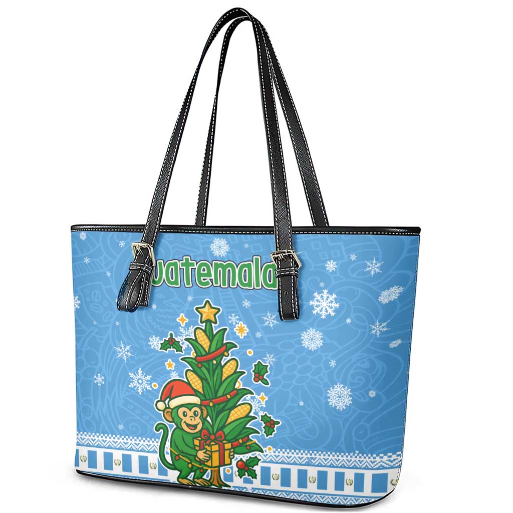 Guatemala Christmas Leather Tote Bag with Blue Christmas Monkey Tree Snowman and Snowflake - Wonder Print Shop