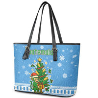 Guatemala Christmas Leather Tote Bag with Blue Christmas Monkey Tree Snowman and Snowflake - Wonder Print Shop