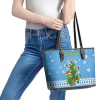 Guatemala Christmas Leather Tote Bag with Blue Christmas Monkey Tree Snowman and Snowflake - Wonder Print Shop