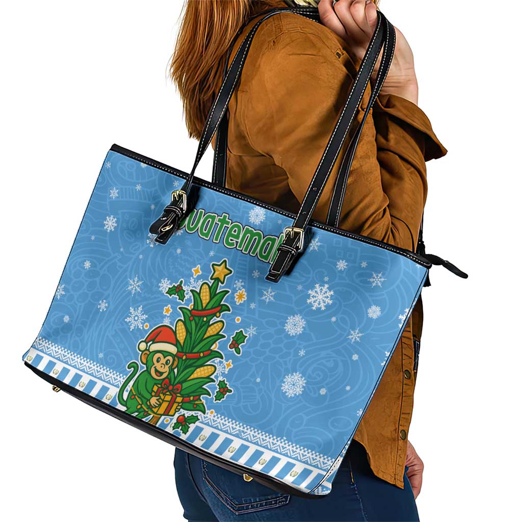 Guatemala Christmas Leather Tote Bag with Blue Christmas Monkey Tree Snowman and Snowflake - Wonder Print Shop
