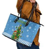 Guatemala Christmas Leather Tote Bag with Blue Christmas Monkey Tree Snowman and Snowflake - Wonder Print Shop