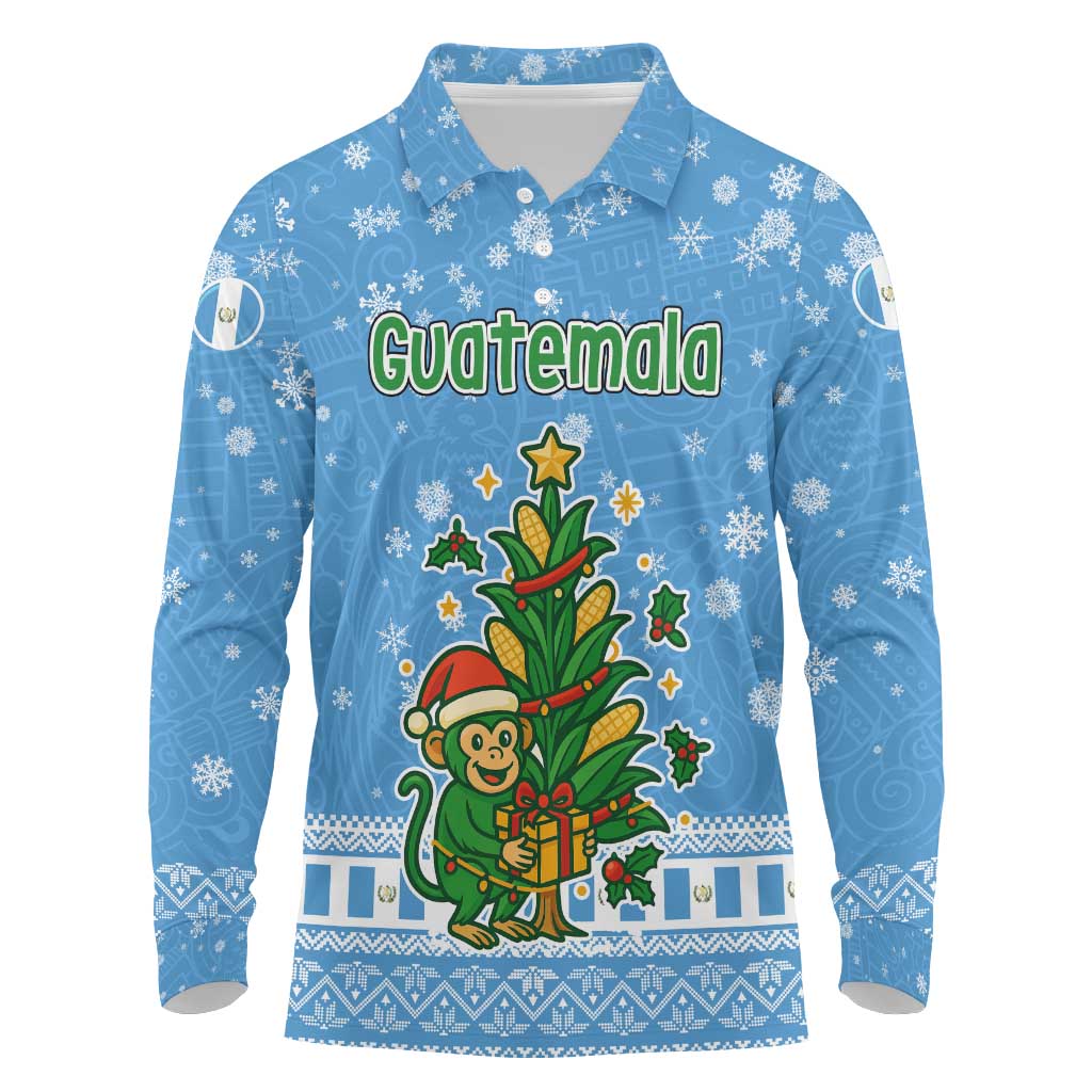Guatemala Christmas Long Sleeve Polo Shirt with Blue Christmas Monkey Tree Snowman and Snowflake - Wonder Print Shop