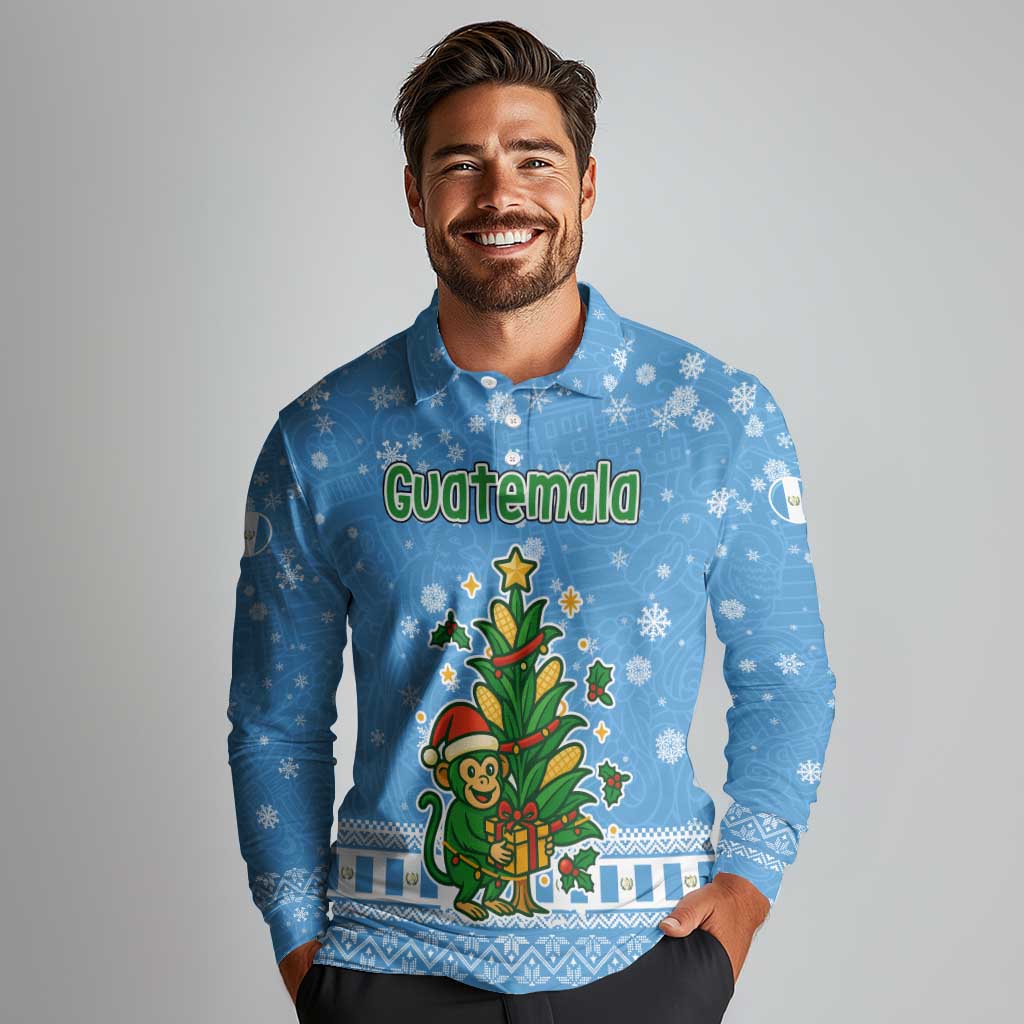 Guatemala Christmas Long Sleeve Polo Shirt with Blue Christmas Monkey Tree Snowman and Snowflake - Wonder Print Shop