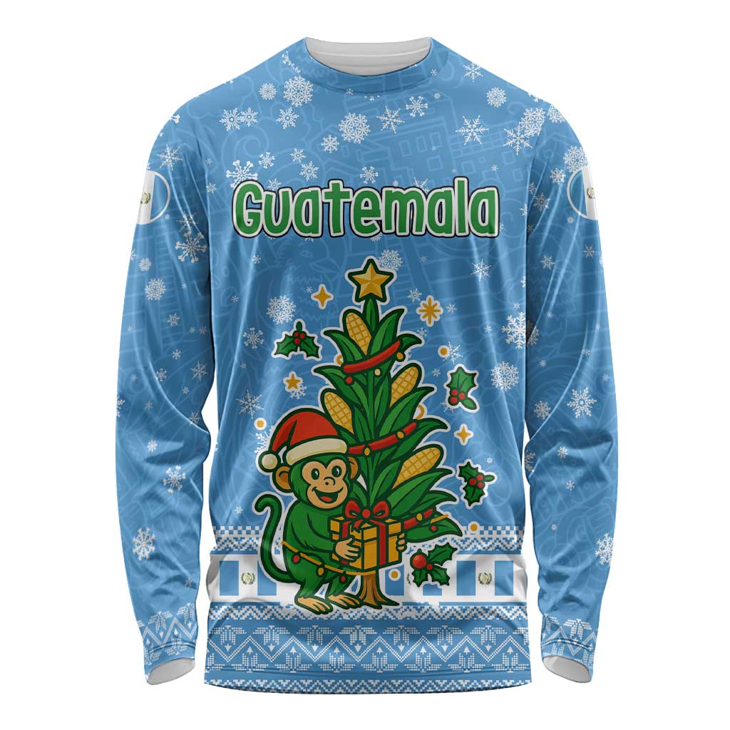 Guatemala Christmas Long Sleeve Shirt with Blue Christmas Monkey Tree Snowman and Snowflake - Wonder Print Shop