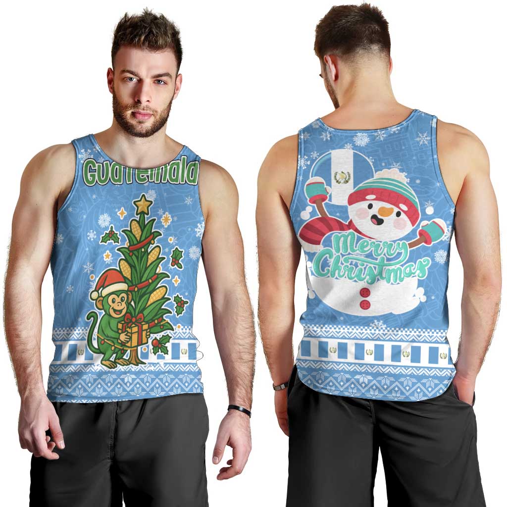 Guatemala Christmas Men Tank Top with Blue Christmas Monkey Tree Snowman and Snowflake - Wonder Print Shop
