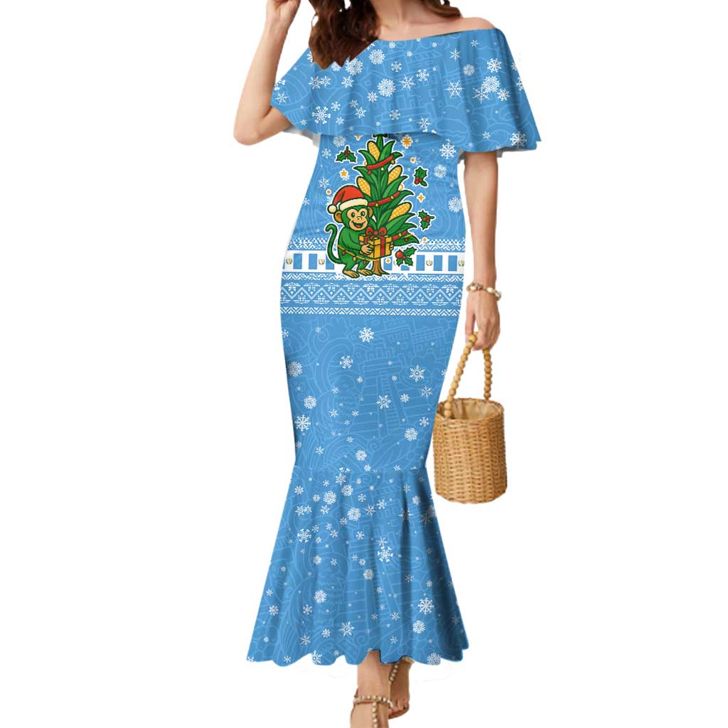 Guatemala Christmas Mermaid Dress with Blue Christmas Monkey Tree Snowman and Snowflake - Wonder Print Shop