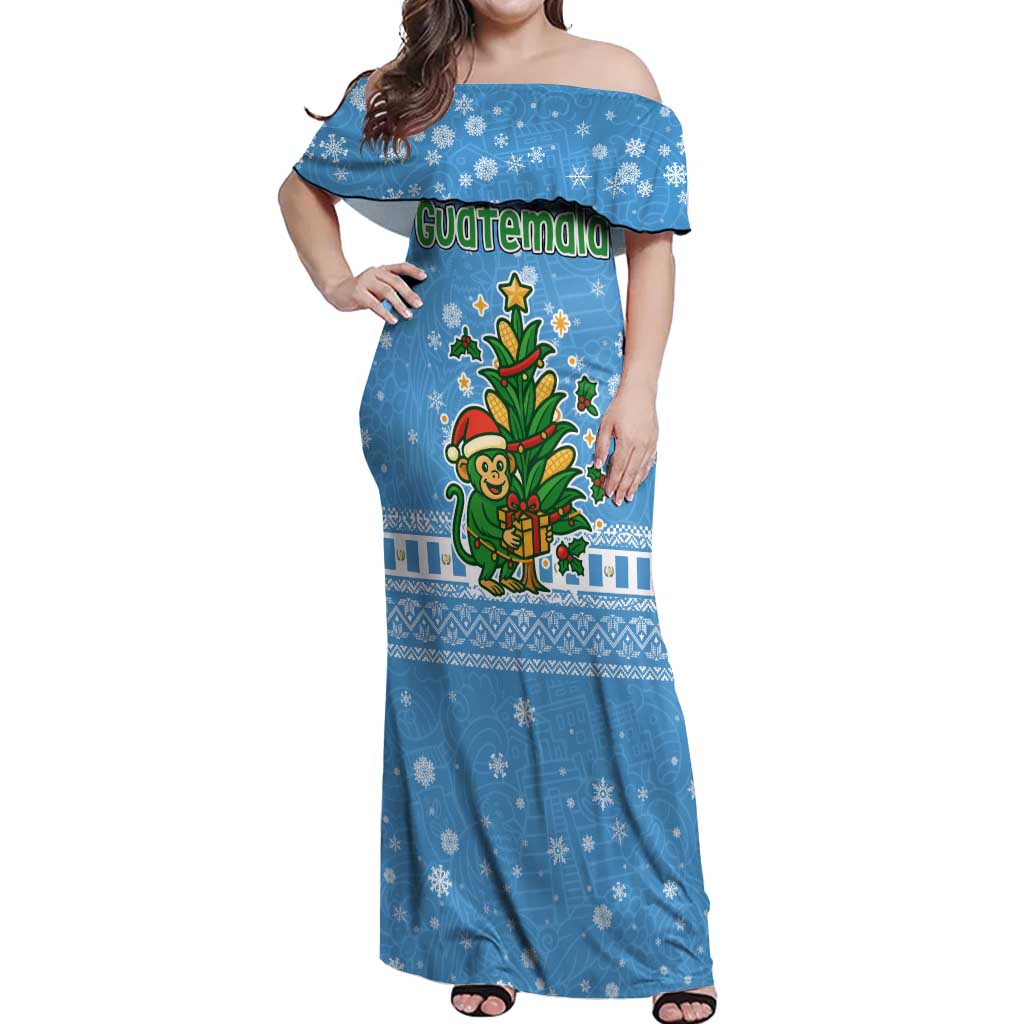 Guatemala Christmas Off Shoulder Maxi Dress with Blue Christmas Monkey Tree Snowman and Snowflake - Wonder Print Shop