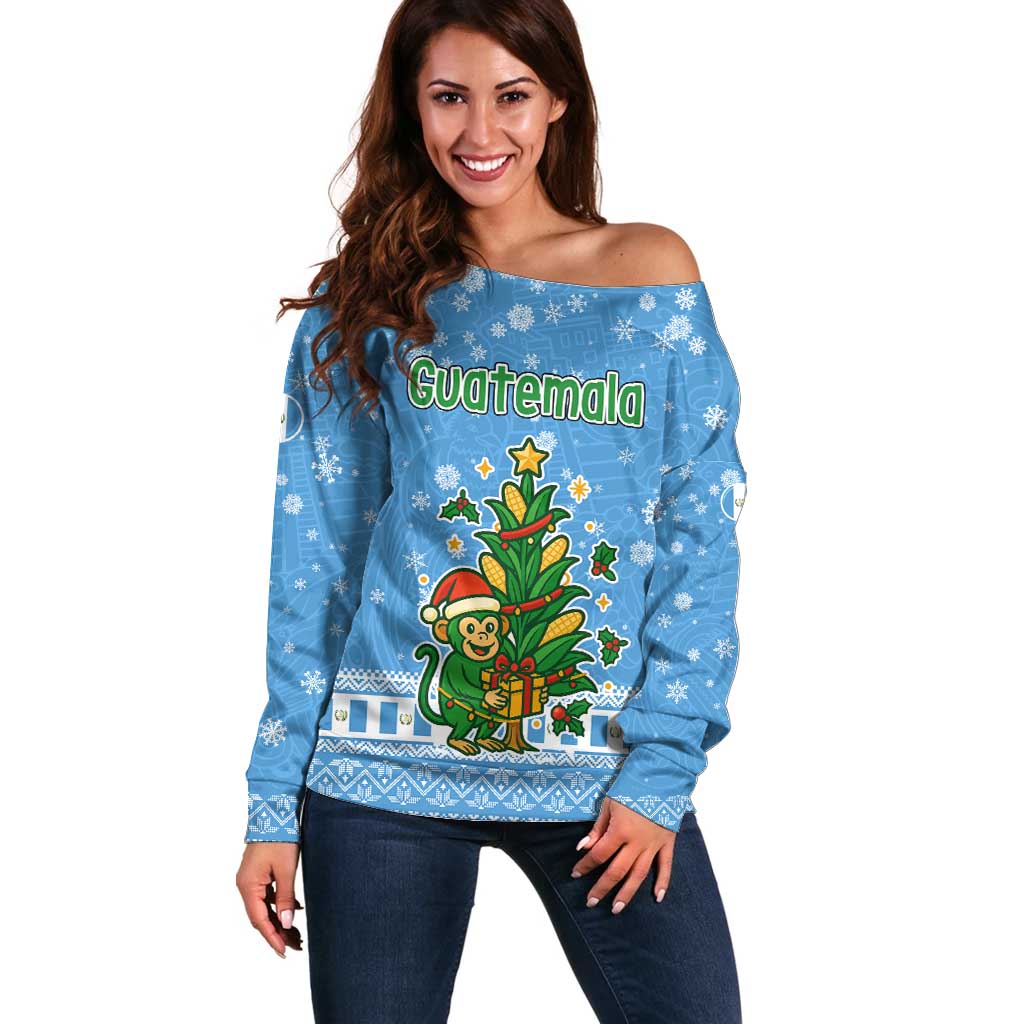 Guatemala Christmas Off Shoulder Sweater with Blue Christmas Monkey Tree Snowman and Snowflake - Wonder Print Shop