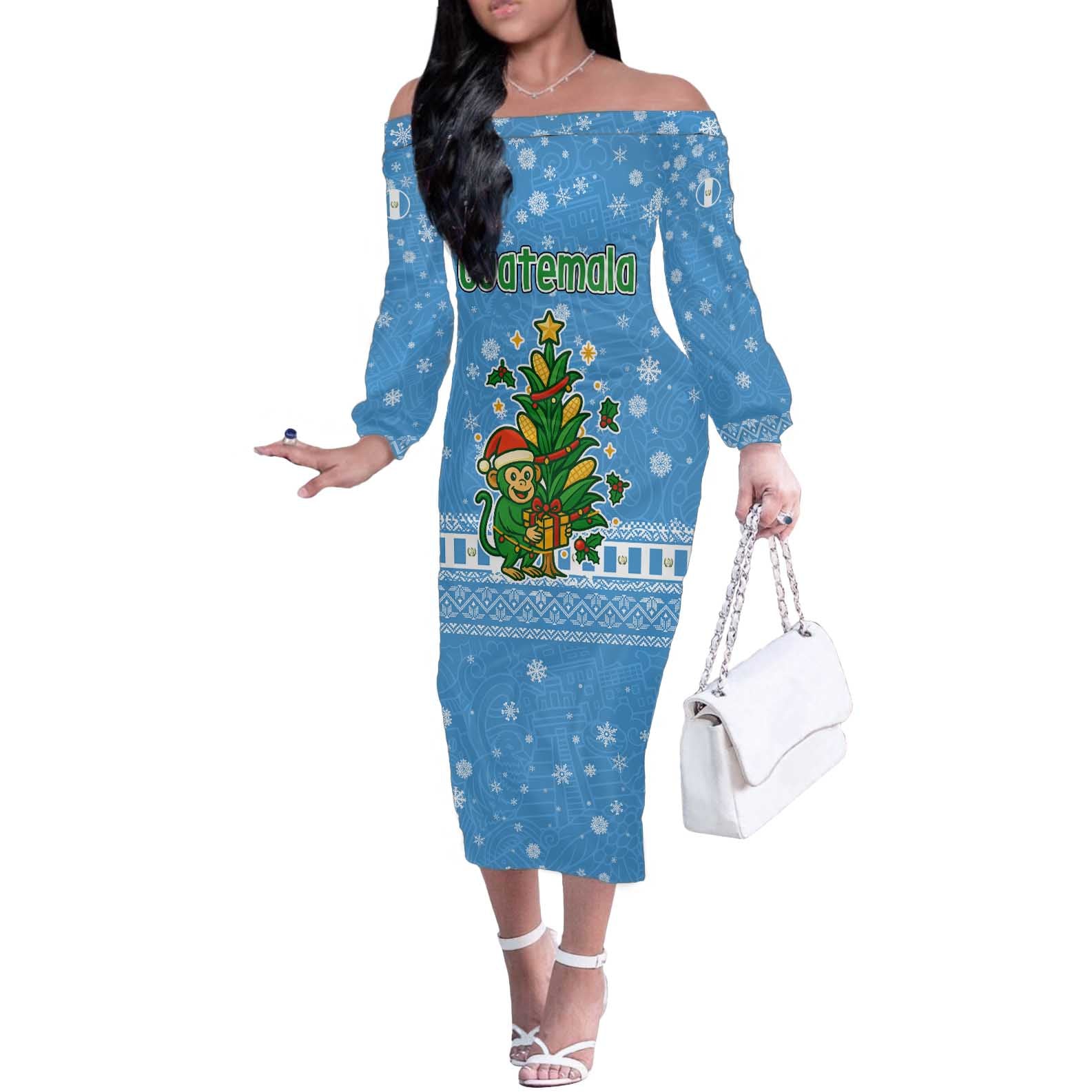 Guatemala Christmas Off The Shoulder Long Sleeve Dress with Blue Christmas Monkey Tree Snowman and Snowflake - Wonder Print Shop