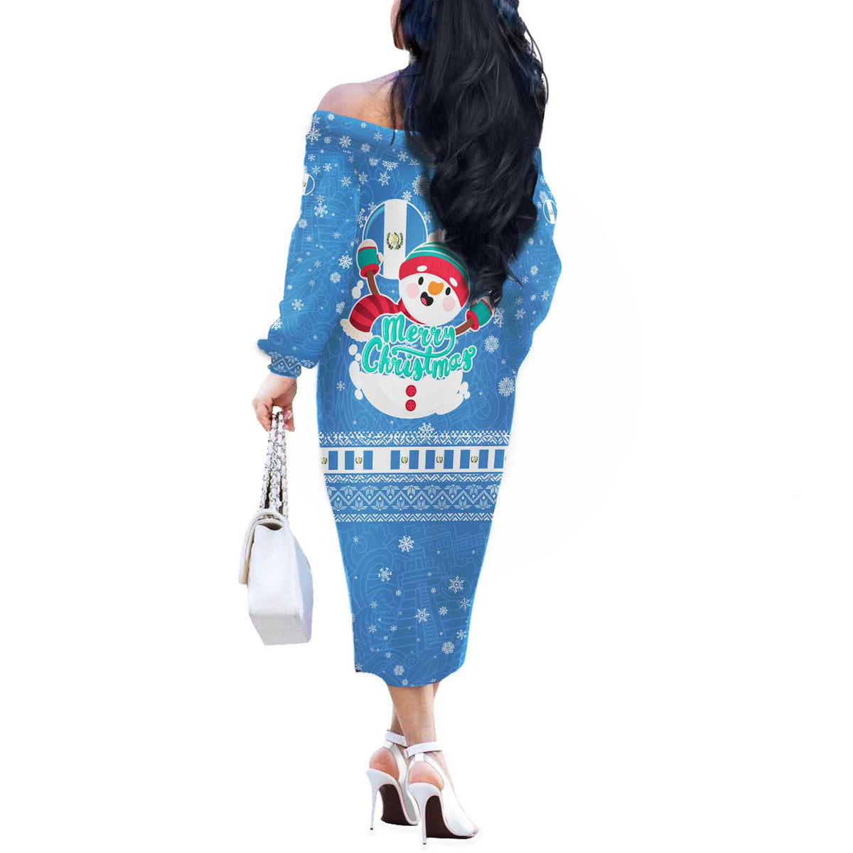 Guatemala Christmas Off The Shoulder Long Sleeve Dress with Blue Christmas Monkey Tree Snowman and Snowflake - Wonder Print Shop