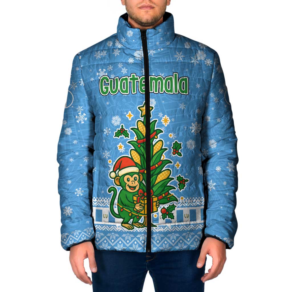 Guatemala Christmas Padded Jacket with Blue Christmas Monkey Tree Snowman and Snowflake - Wonder Print Shop