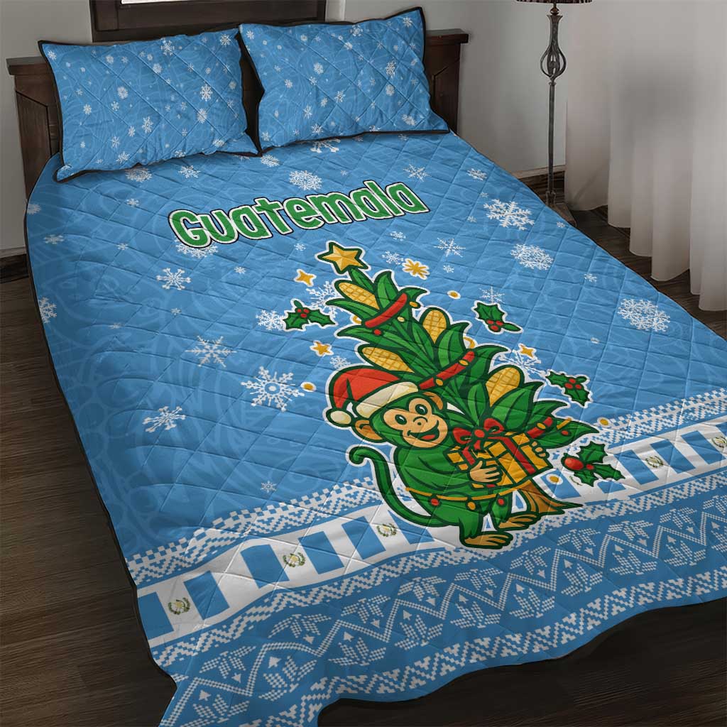 Guatemala Christmas Quilt Bed Set with Blue Christmas Monkey Tree Snowman and Snowflake - Wonder Print Shop