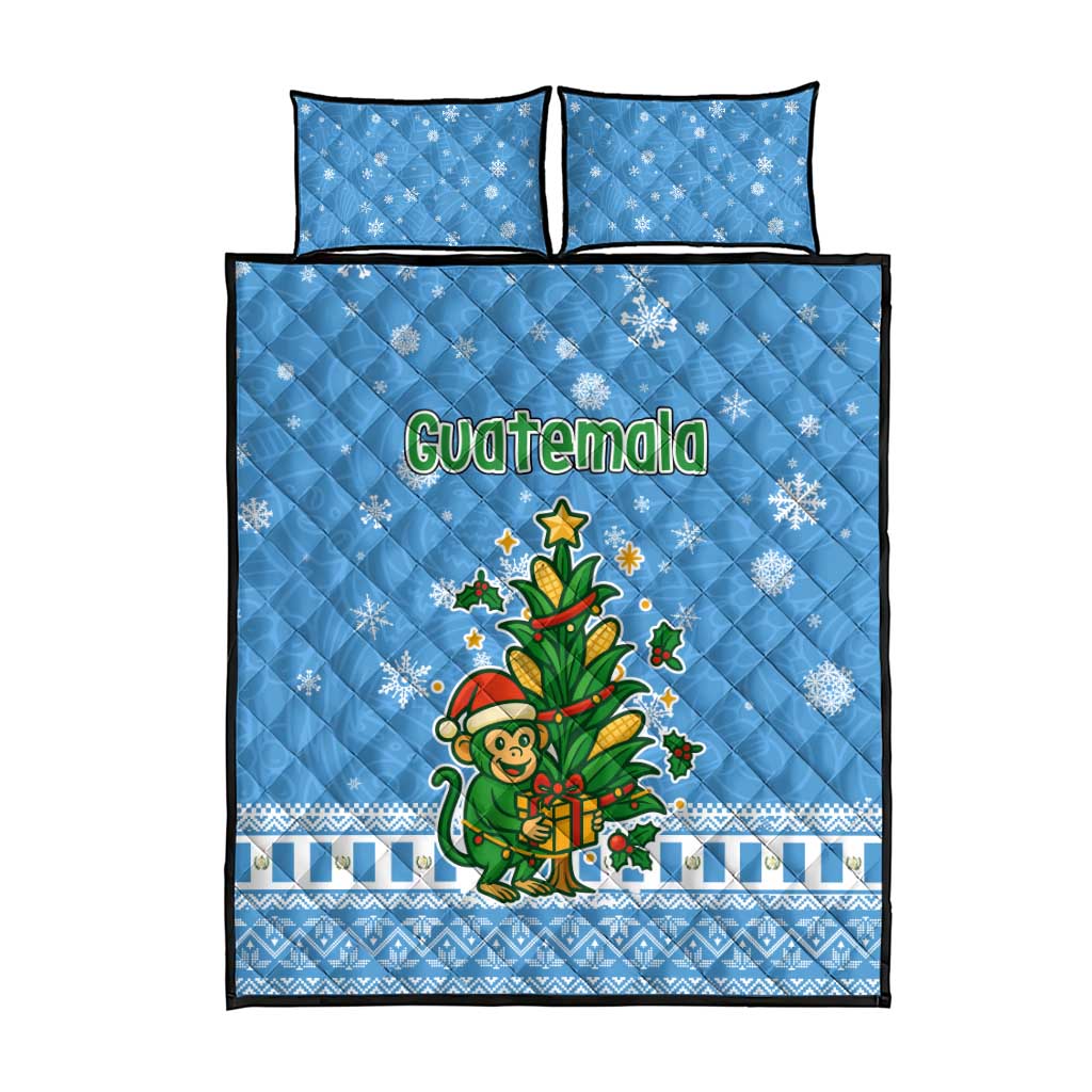 Guatemala Christmas Quilt Bed Set with Blue Christmas Monkey Tree Snowman and Snowflake - Wonder Print Shop