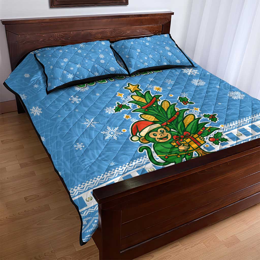 Guatemala Christmas Quilt Bed Set with Blue Christmas Monkey Tree Snowman and Snowflake - Wonder Print Shop