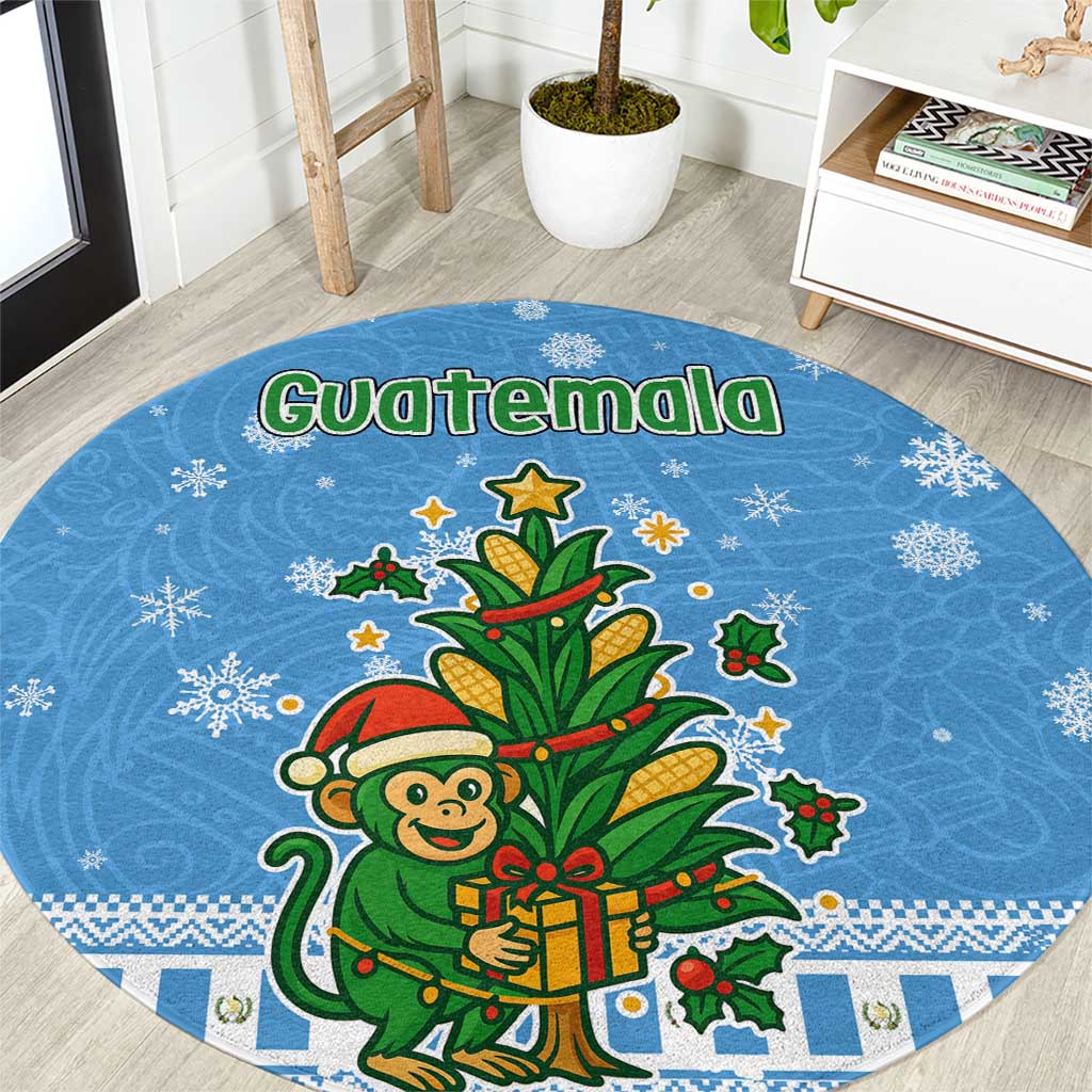 Guatemala Christmas Round Carpet with Blue Christmas Monkey Tree Snowman and Snowflake - Wonder Print Shop