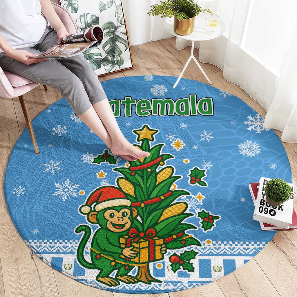 Guatemala Christmas Round Carpet with Blue Christmas Monkey Tree Snowman and Snowflake - Wonder Print Shop