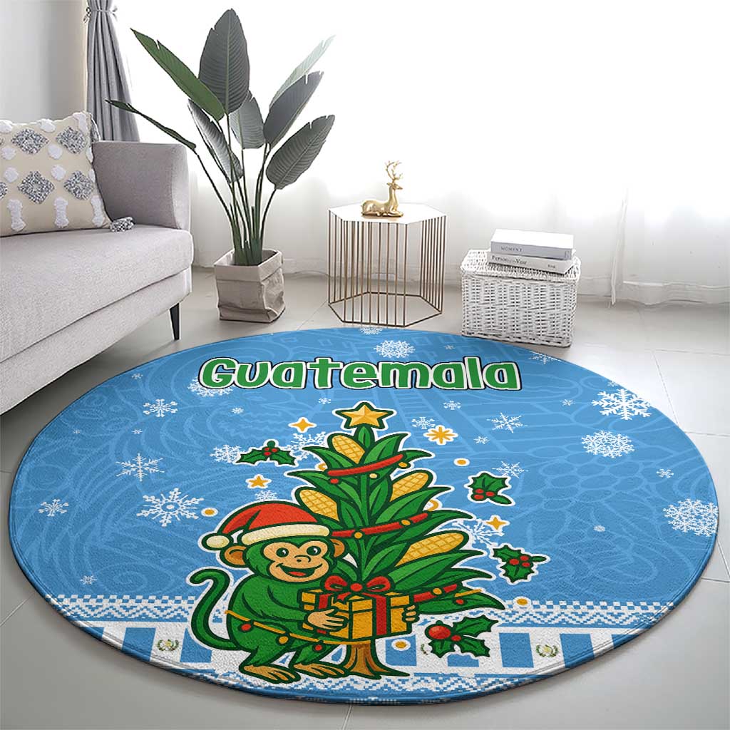 Guatemala Christmas Round Carpet with Blue Christmas Monkey Tree Snowman and Snowflake - Wonder Print Shop