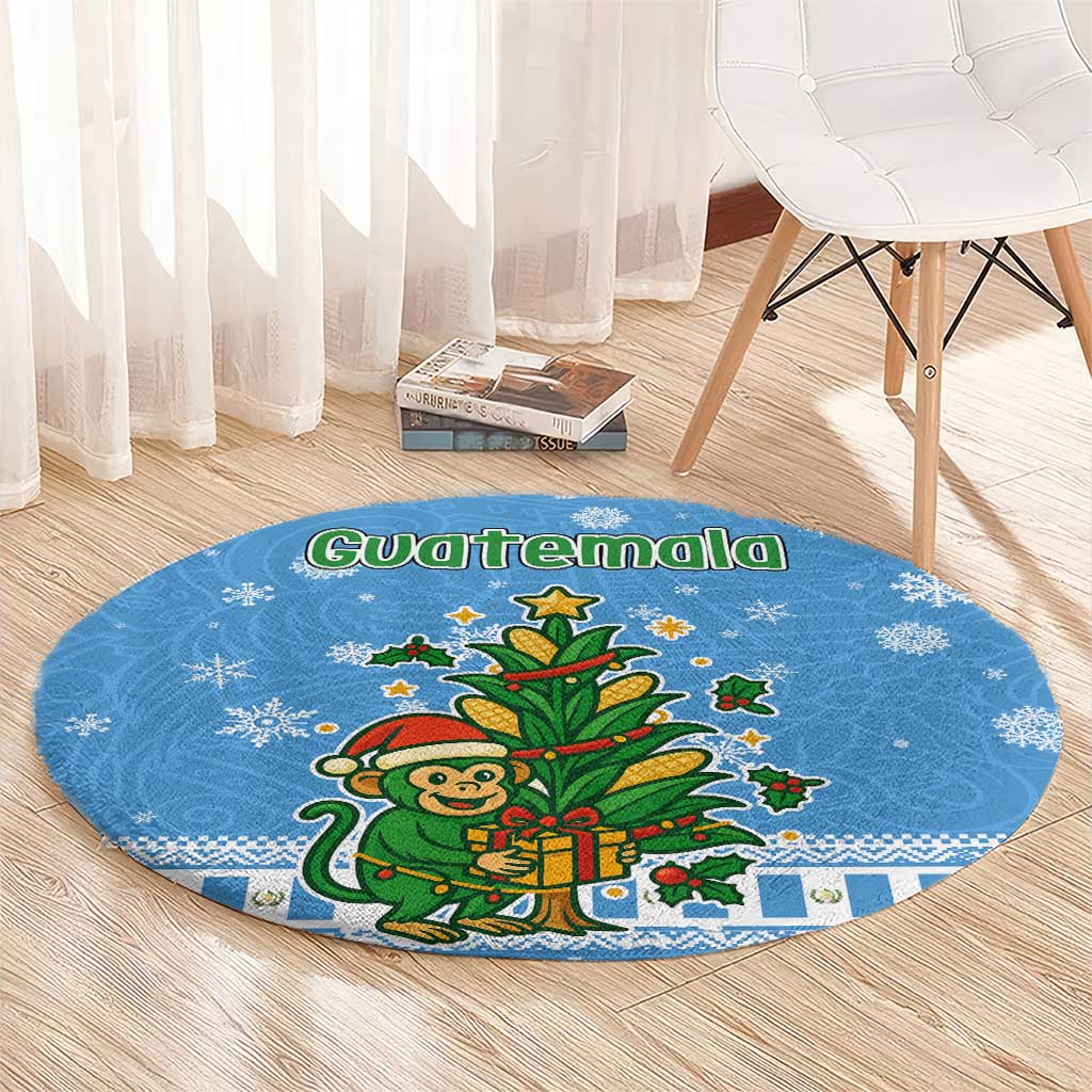 Guatemala Christmas Round Carpet with Blue Christmas Monkey Tree Snowman and Snowflake - Wonder Print Shop