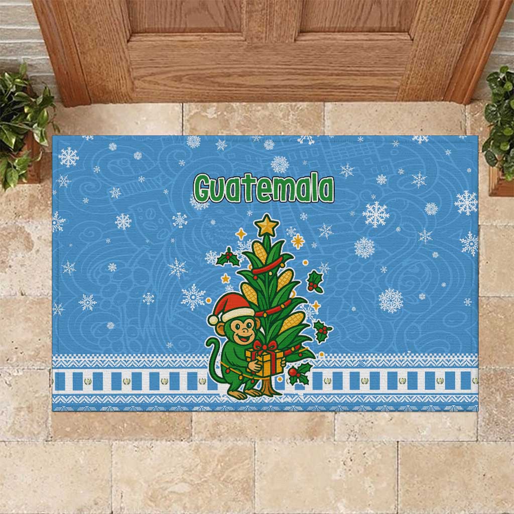 Guatemala Christmas Rubber Doormat with Blue Christmas Monkey Tree Snowman and Snowflake - Wonder Print Shop