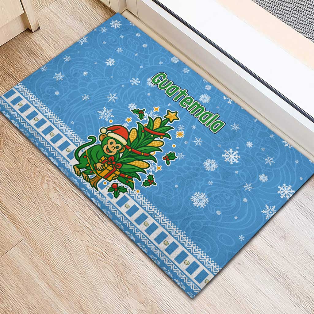 Guatemala Christmas Rubber Doormat with Blue Christmas Monkey Tree Snowman and Snowflake - Wonder Print Shop