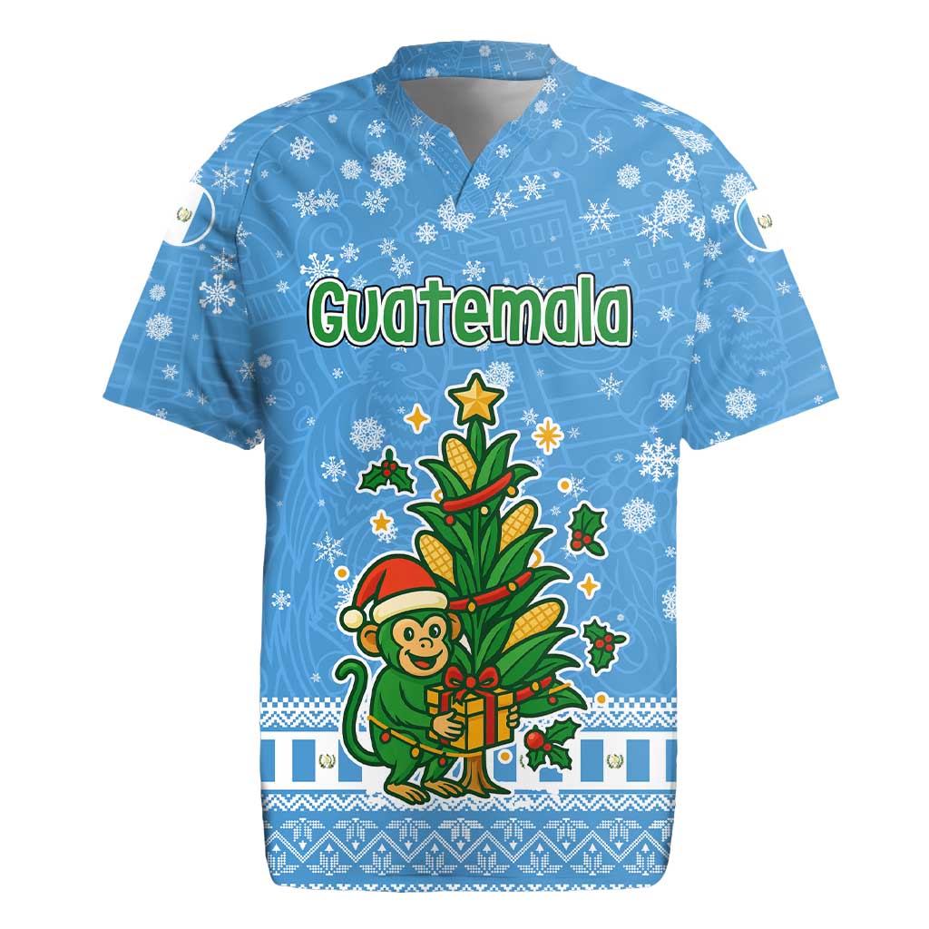 Guatemala Christmas Rugby Jersey with Blue Christmas Monkey Tree Snowman and Snowflake - Wonder Print Shop