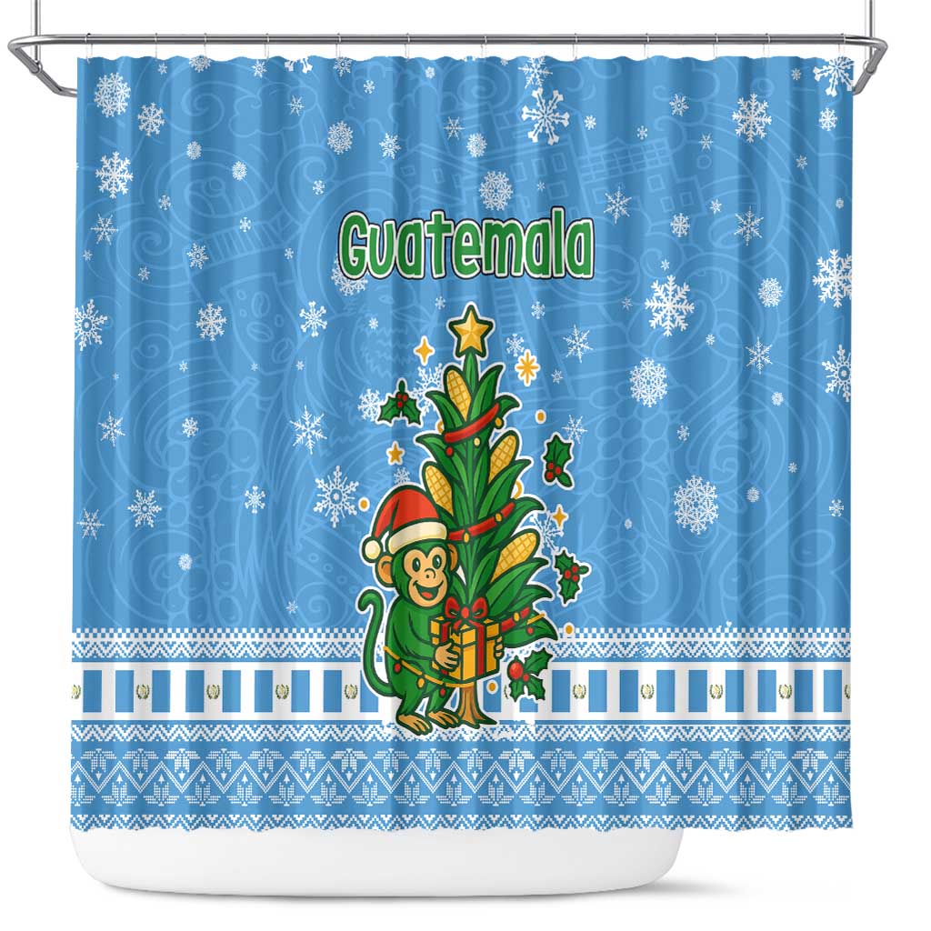 Guatemala Christmas Shower Curtain with Blue Christmas Monkey Tree Snowman and Snowflake - Wonder Print Shop