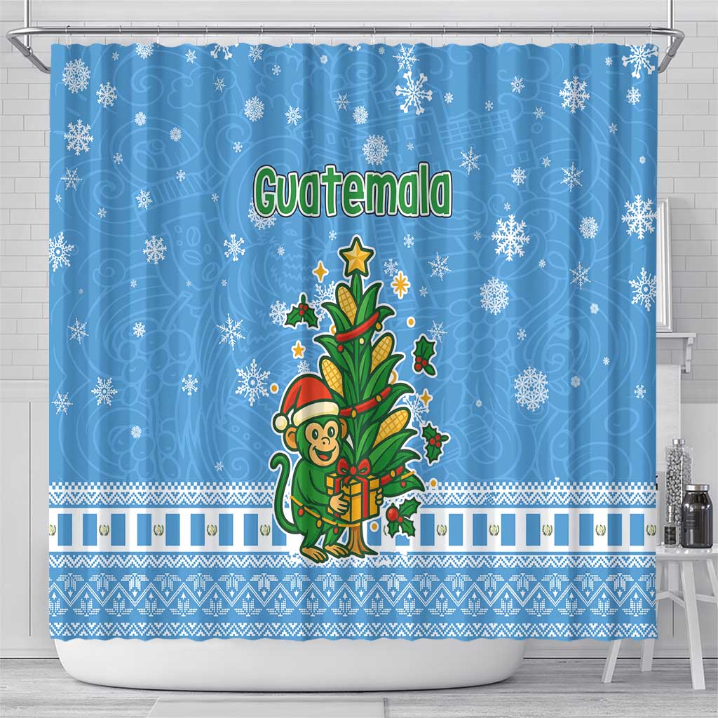 Guatemala Christmas Shower Curtain with Blue Christmas Monkey Tree Snowman and Snowflake - Wonder Print Shop